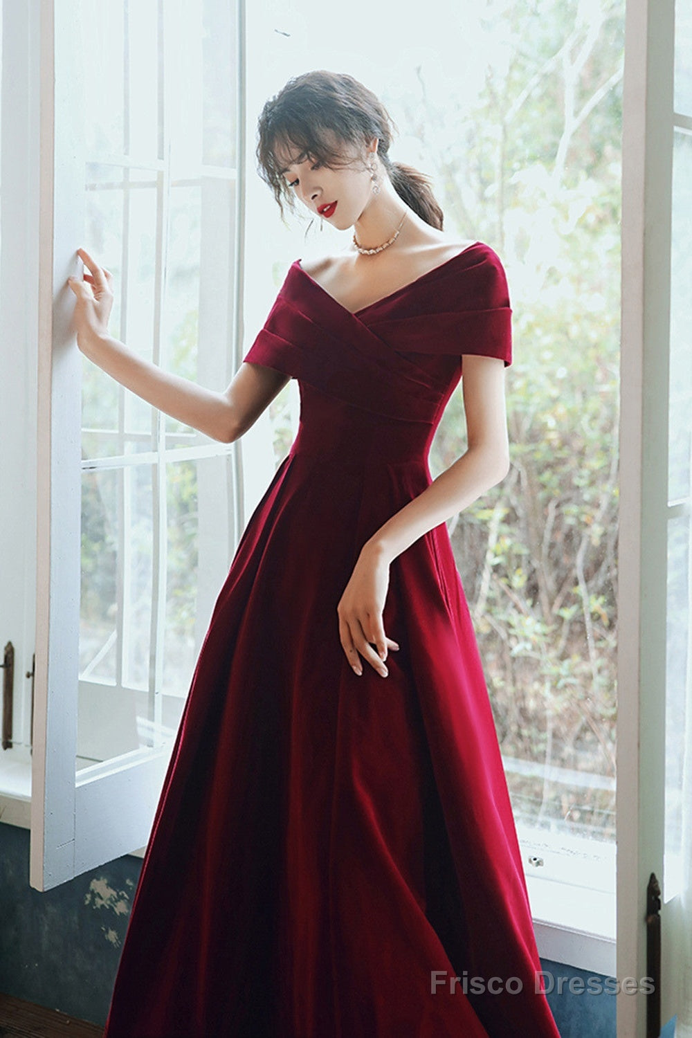 Wine Red Velvet Simple A-Line Long Wedding Party Dress, Wine Red Evening Dress Secondary image