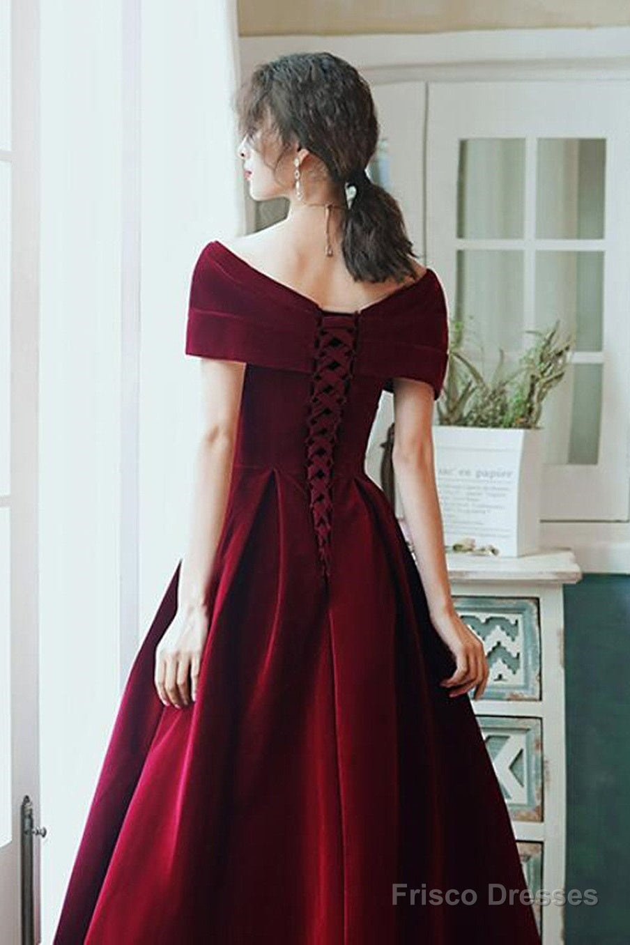 Wine Red Velvet Simple A-Line Long Wedding Party Dress, Wine Red Evening Dress
