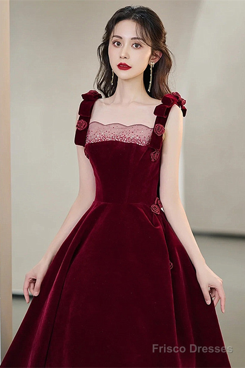 Wine Red Velvet Straps Flowers Lace-Up Long Prom Dress, Wine Red Long Party Dress Secondary image