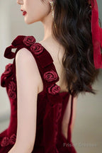 Wine Red Velvet Straps Flowers Lace-Up Long Prom Dress, Wine Red Long Party Dress