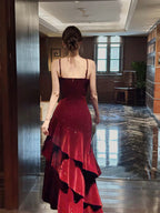Wine Red Velvet Straps Layers Long Formal Dress, Wine Red Velvet Floor Length Prom Dress