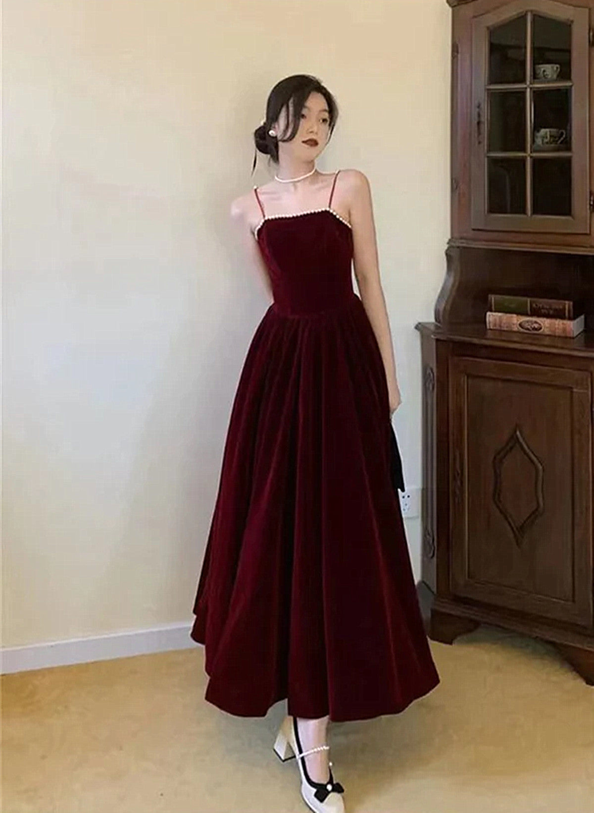 Wine Red Velvet Straps Long Evening Dress, Wine Red Velvet Prom Dress Secondary image