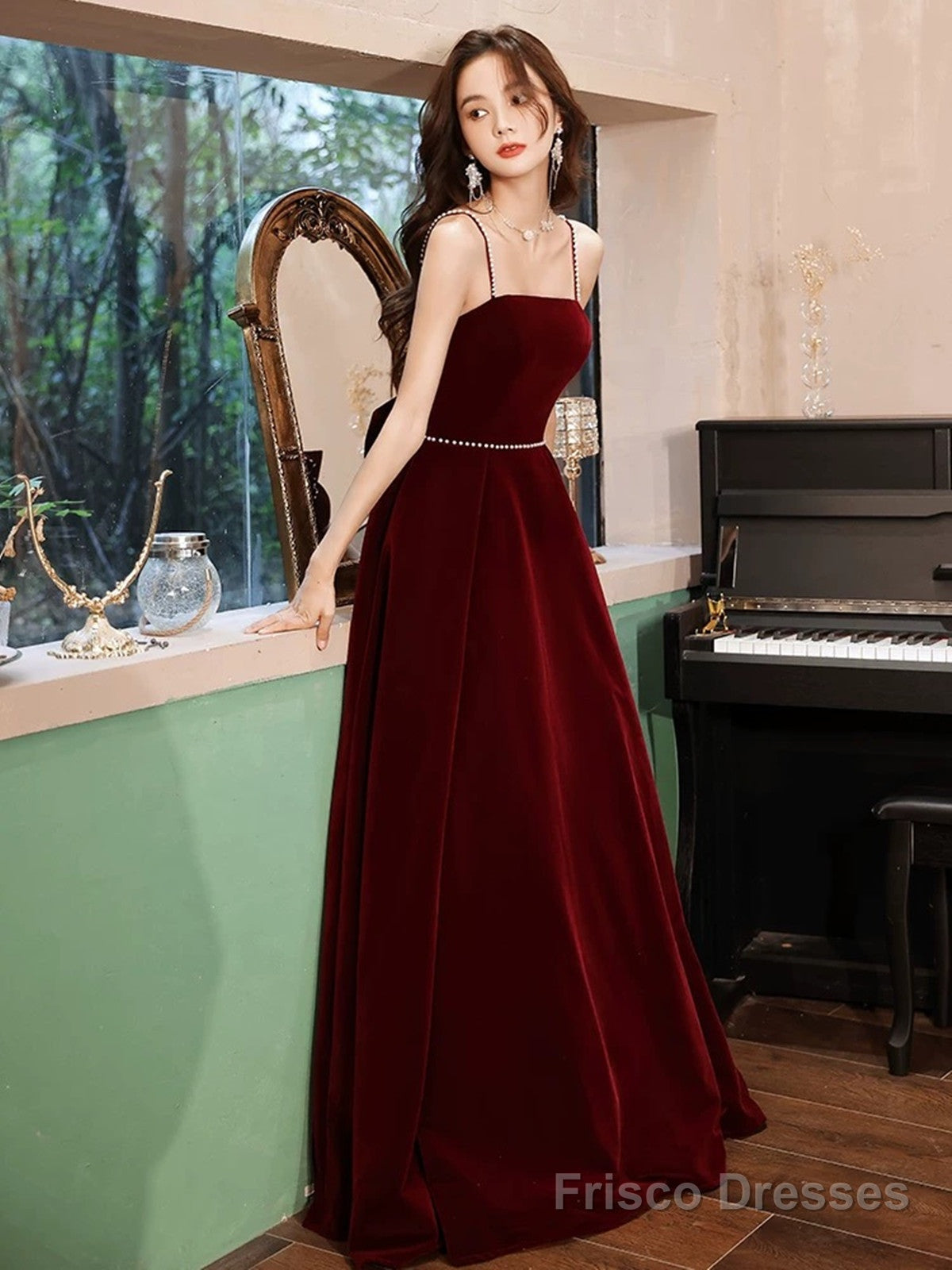 Wine Red Velvet Straps Long Party Dress with Bow, Wine Red Prom Dress