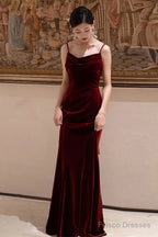 Wine Red Velvet Straps Low Back Long Wedding Party Dress, Wine Red Prom Dress Formal Dress