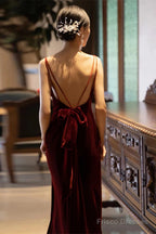 Wine Red Velvet Straps Low Back Long Wedding Party Dress, Wine Red Prom Dress Formal Dress