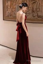Wine Red Velvet Straps Low Back Long Wedding Party Dress, Wine Red Prom Dress Formal Dress
