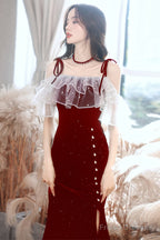 Wine Red Velvet Straps Wedding Party Dress, Wine Red Lace-Up Evening Dress