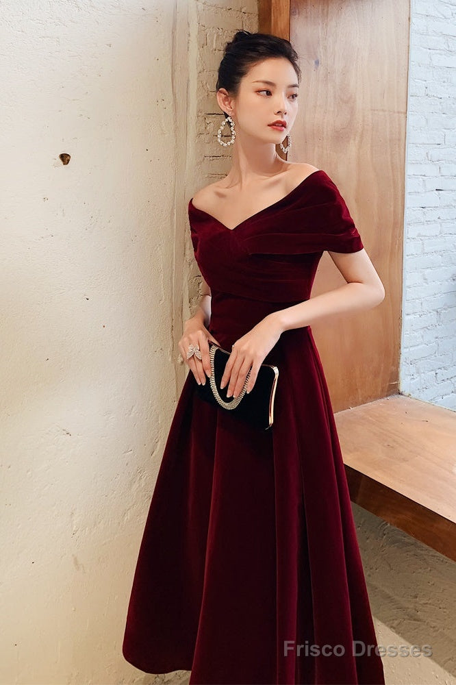Wine Red Velvet Tea Length Chic Off Shoulder Party Dress, Burgundy Prom Dresses