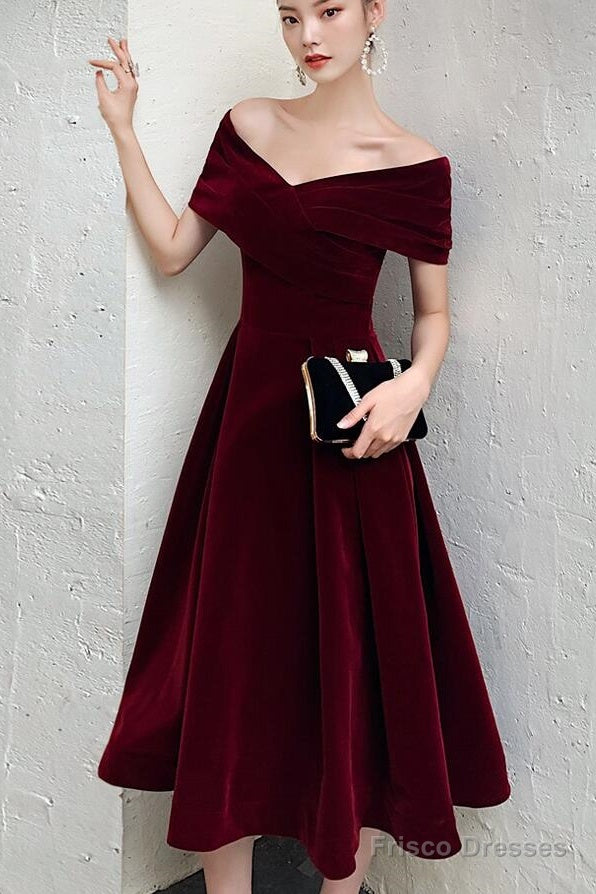 Wine Red Velvet Tea Length Chic Off Shoulder Party Dress, Burgundy Prom Dresses