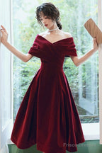 Wine Red Velvet Tea Length Homecoming Dress, Dark Red Party Dresses