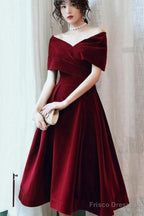 Wine Red Velvet Tea Length Homecoming Dress, Dark Red Party Dresses