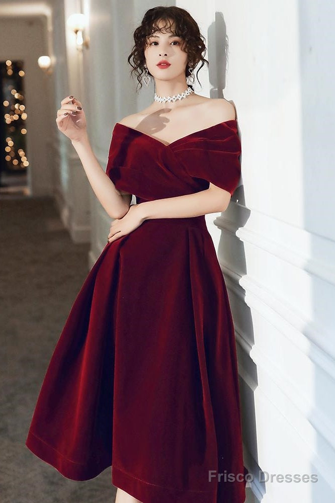 Wine Red Velvet Tea Length Homecoming Dress, Dark Red Party Dresses Main image