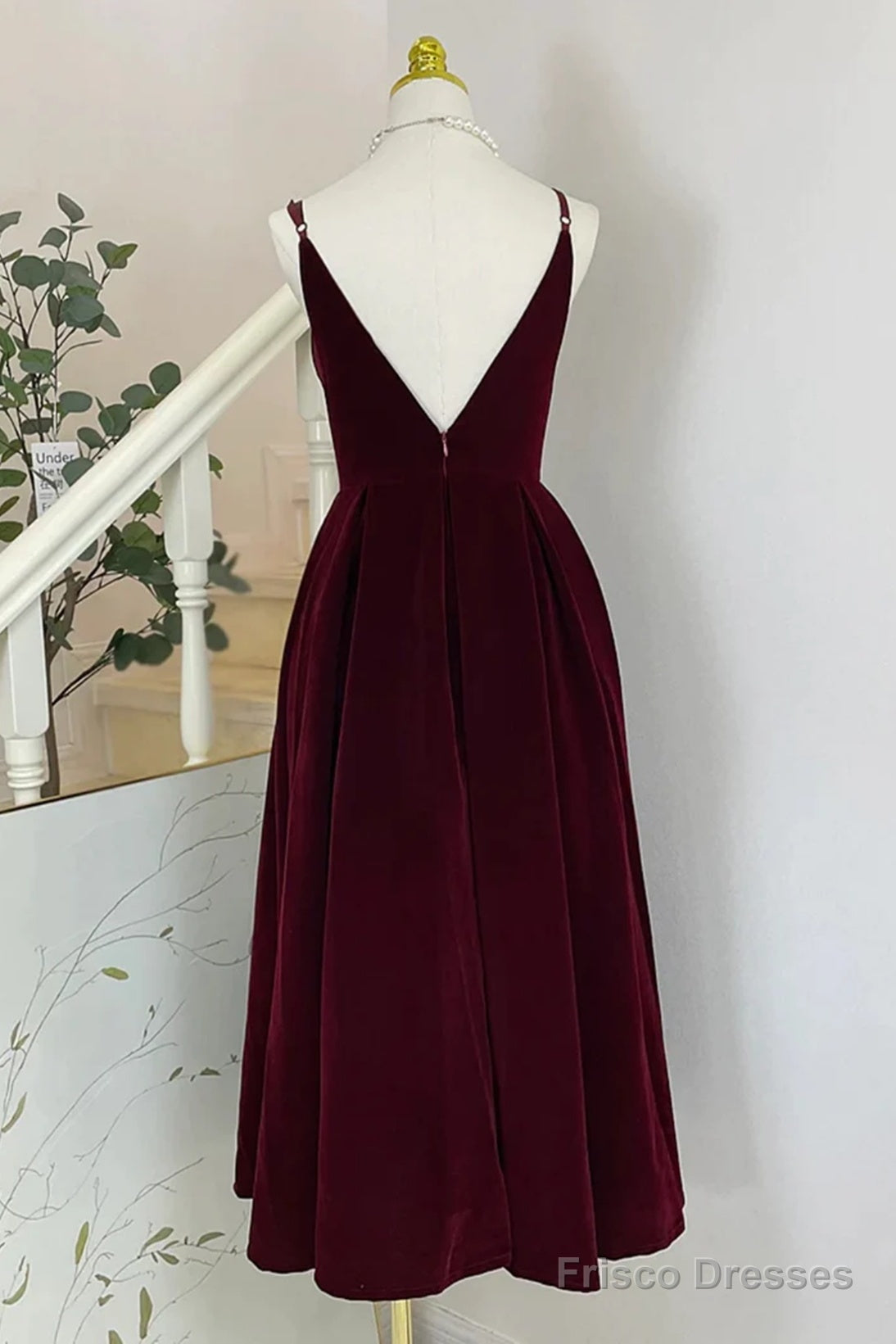 Wine Red Velvet Tea Length Homecoming Dress, Wine Red V-Neckline Party Dress