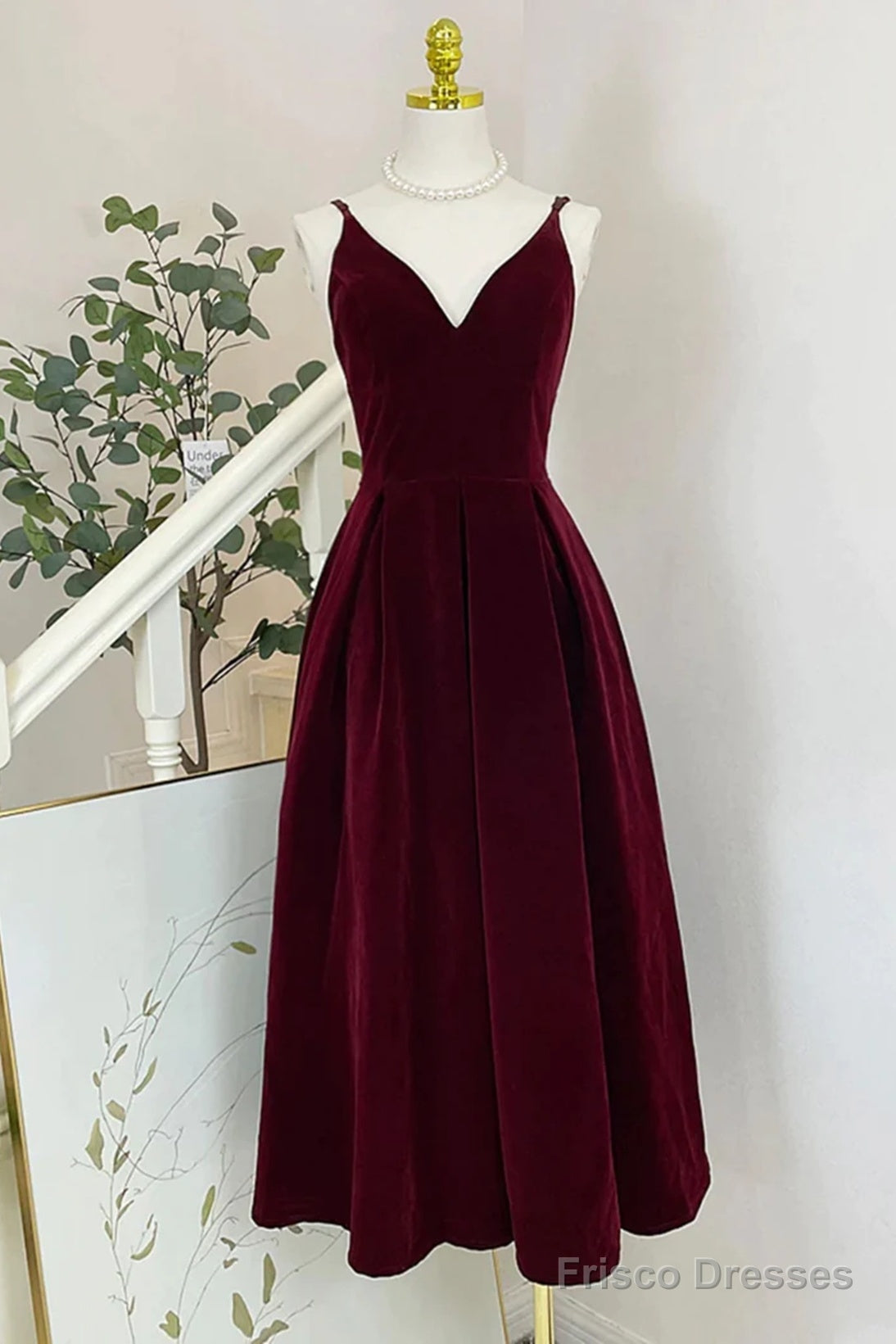 Wine Red Velvet Tea Length Homecoming Dress, Wine Red V-Neckline Party Dress Main image