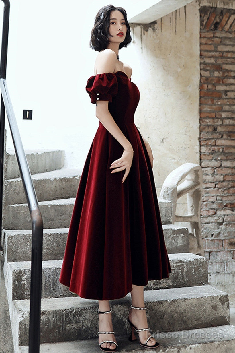 Wine Red Velvet Tea Length Off Shoulder Party Dress, Wine Red Bridesmaid Dress Secondary image