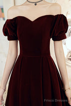 Wine Red Velvet Tea Length Off Shoulder Party Dress, Wine Red Bridesmaid Dress