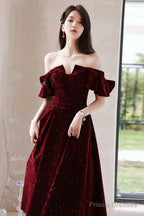 Wine Red Velvet Tea Length Party Dress Graduation Dress, Wine Red Prom Dress