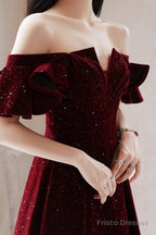 Wine Red Velvet Tea Length Party Dress Graduation Dress, Wine Red Prom Dress