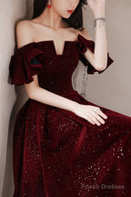 Wine Red Velvet Tea Length Party Dress Graduation Dress, Wine Red Prom Dress