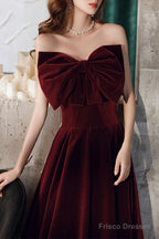 Wine Red Velvet Tea Length Party Dress, Wine Red Homecoming Dress Prom Dress