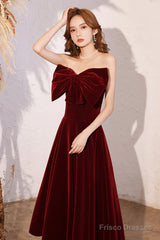 Wine Red Velvet Tea Length Party Dress, Wine Red Homecoming Dress Prom Dress