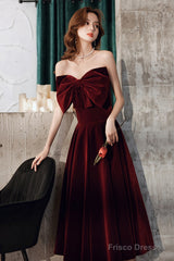 Wine Red Velvet Tea Length Party Dress, Wine Red Homecoming Dress Prom Dress