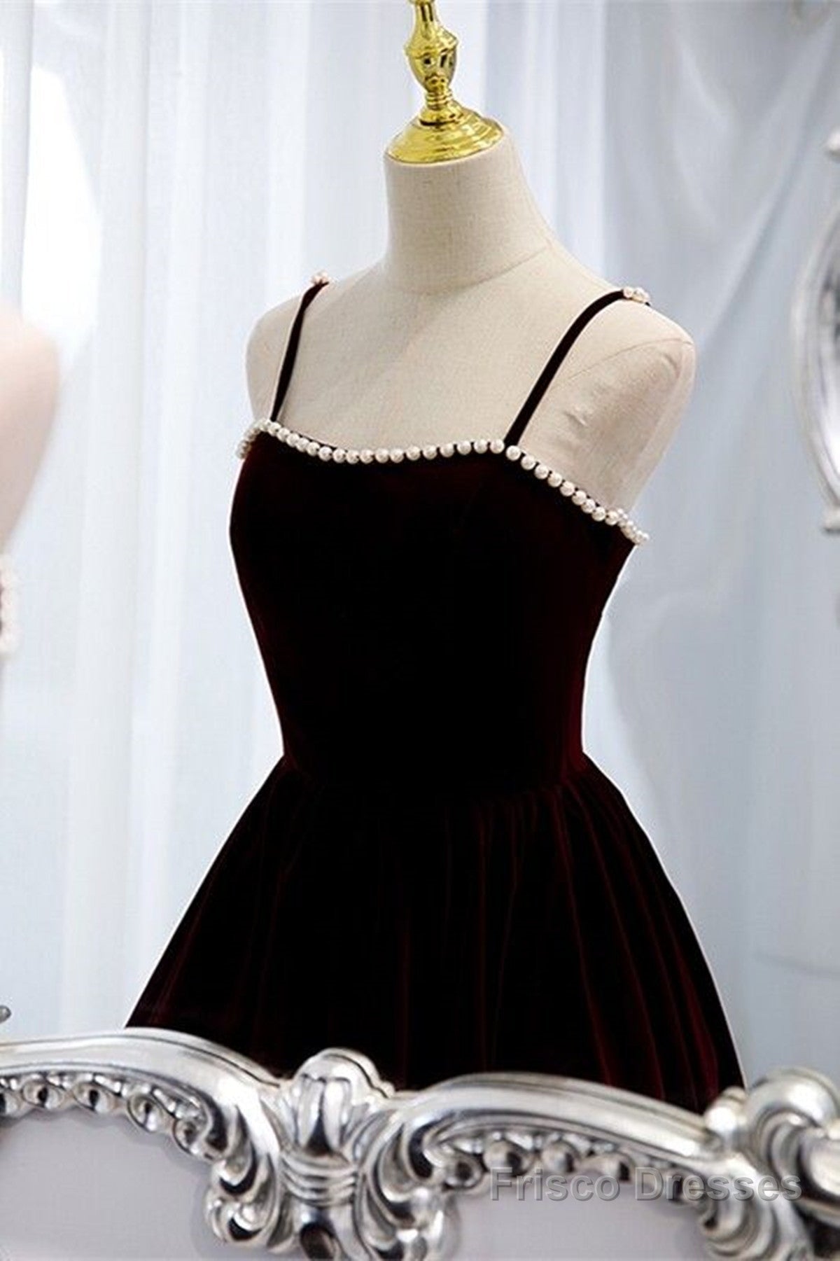 Wine Red Velvet Tea Length Party Dress, Wine Red Straps Homecoming Dress Secondary image
