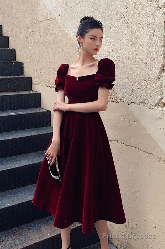 Wine Red Velvet Tea Length Short Sleeves Party Dress, Dark Red Evening Dresses Secondary image