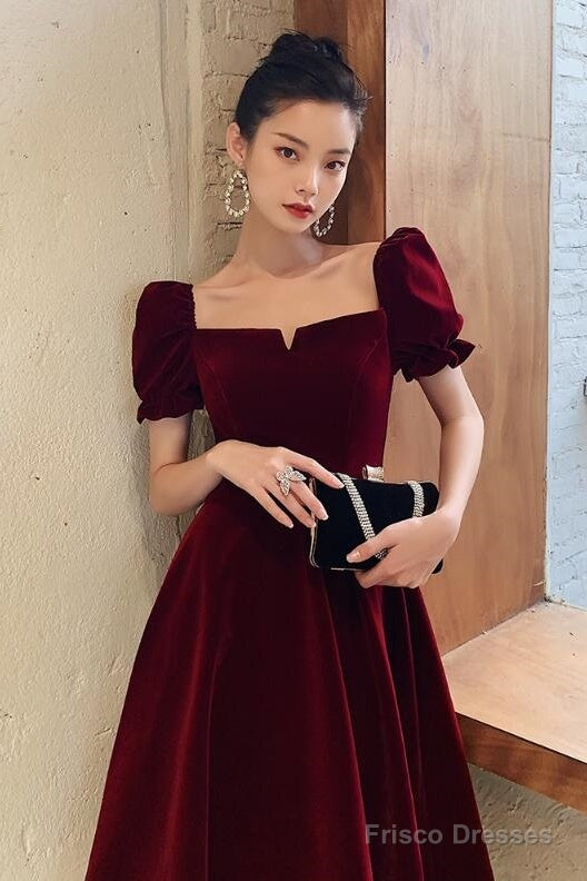 Wine Red Velvet Tea Length Short Sleeves Party Dress, Dark Red Evening Dresses