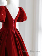 Wine Red Velvet V-Neckline Beaded Short Sleeves Party Dress, Wine Red Long Formal Prom Dress