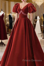 Wine Red Velvet V-Neckline Beaded Short Sleeves Party Dress, Wine Red Long Formal Prom Dress
