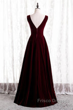 Wine Red Velvet V-Neckline Simple Long Party Dress, Wine Red Bridesmaid Dress