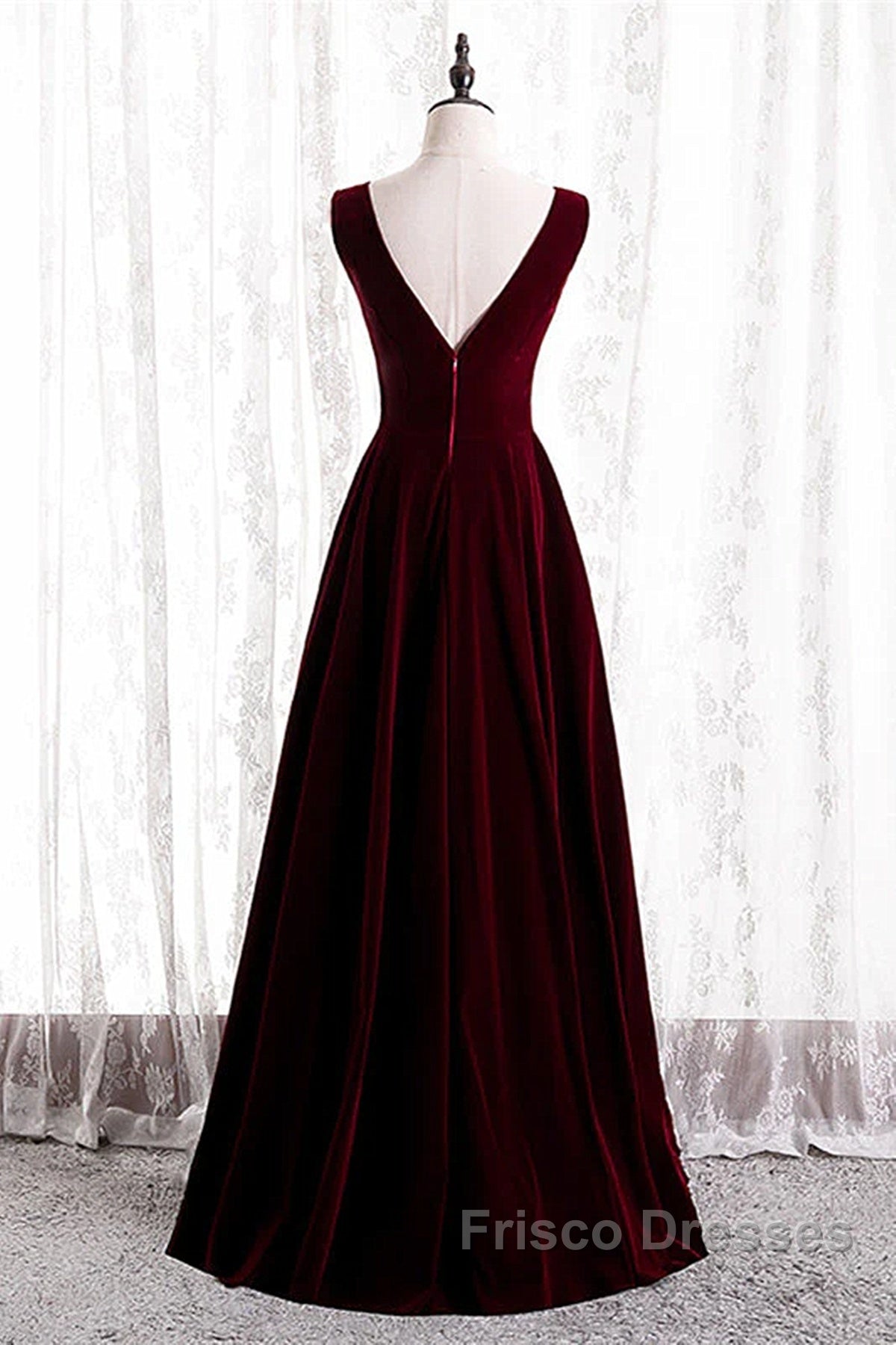 Wine Red Velvet V-Neckline Simple Long Party Dress, Wine Red Bridesmaid Dress