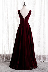 Wine Red Velvet V-Neckline Simple Long Party Dress, Wine Red Bridesmaid Dress