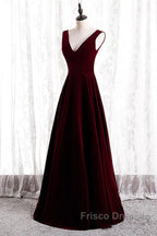 Wine Red Velvet V-Neckline Simple Long Party Dress, Wine Red Bridesmaid Dress