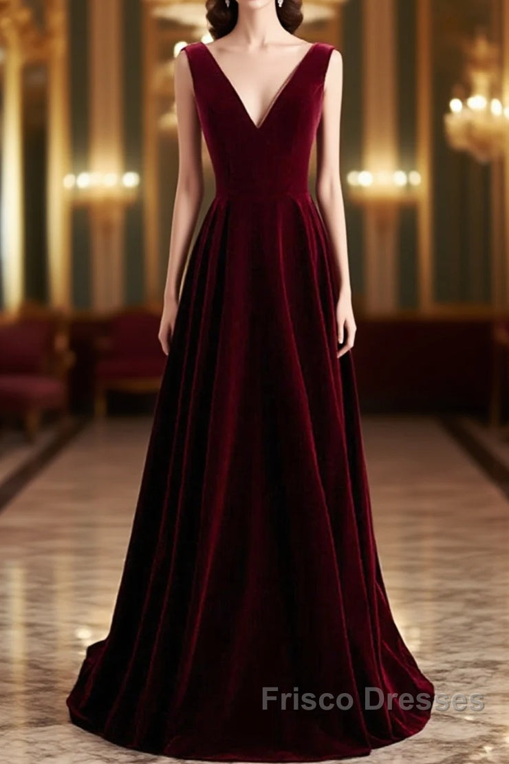 Wine Red Velvet V-Neckline Simple Long Party Dress, Wine Red Bridesmaid Dress