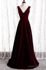 Wine Red Velvet V-Neckline Simple Long Party Dress, Wine Red Bridesmaid Dress