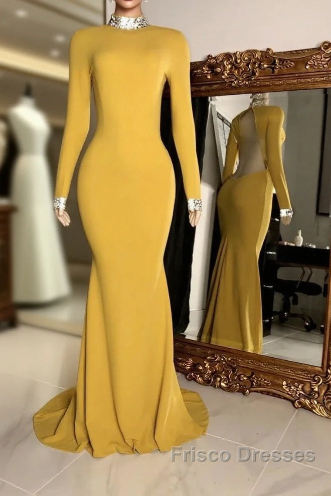 Winter Wedding Guest Dress Long Sleeves High Neck Yellow Formal Prom Dress Main image
