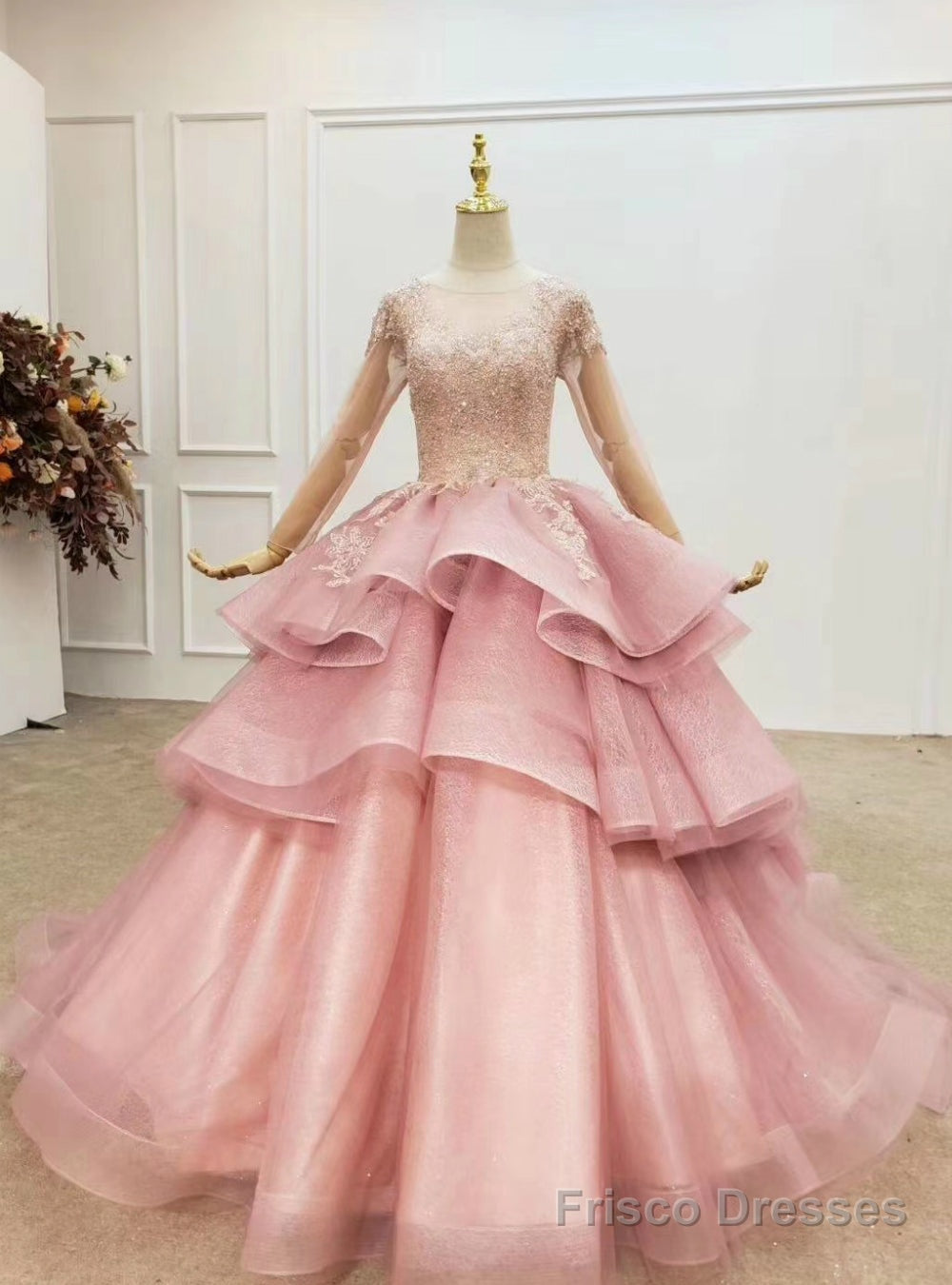 With 1000s Of Pink Ball Gown Tulle Beading Sequins Long Sleeve Wedding Dress Main image