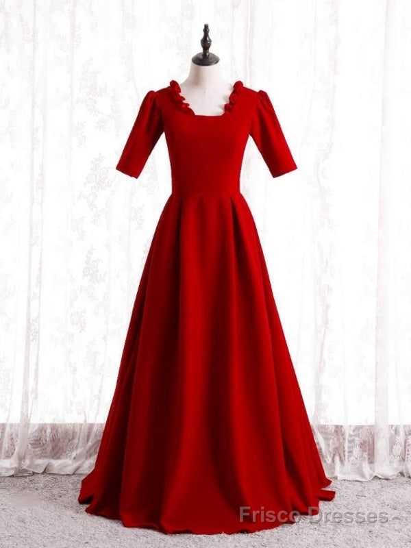 Women Burgundy Satin Short Sleeve Prom Dress