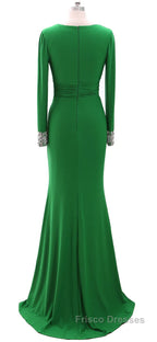 Women Long Mother of Bride Dress Green Grey Long Sleeve V Neck Evening Dress