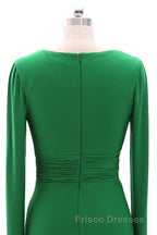 Women Long Mother of Bride Dress Green Grey Long Sleeve V Neck Evening Dress