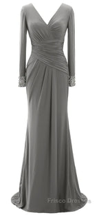 Women Long Mother of Bride Dress Green Grey Long Sleeve V Neck Evening Dress