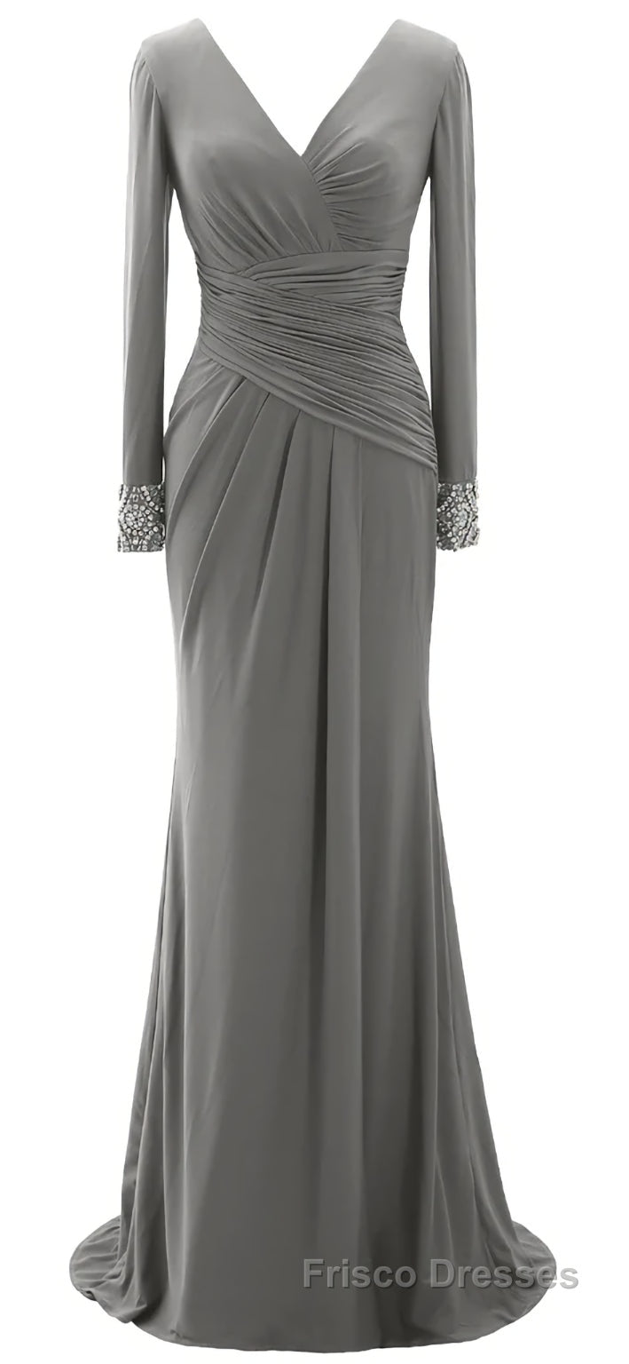 Women Long Mother of Bride Dress Green Grey Long Sleeve V Neck Evening Dress
