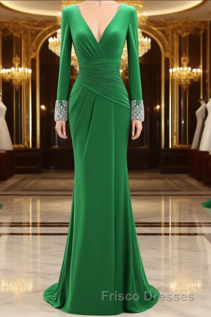Women Long Mother of Bride Dress Green Grey Long Sleeve V Neck Evening Dress Main image