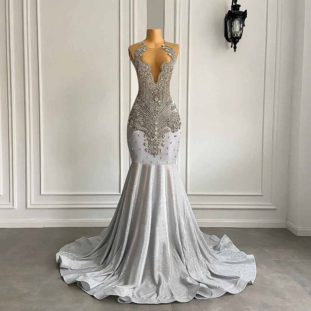 Women Silver Long Mermaid Prom Dresses Sexy Sheer Mesh Luxury Sparkly Handmade Diamond Black Girl Prom Formal Gala Gowns Secondary image