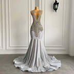 Women Silver Long Mermaid Prom Dresses Sexy Sheer Mesh Luxury Sparkly Handmade Diamond Black Girl Prom Formal Gala Gowns
