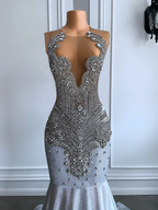 Women Silver Long Mermaid Prom Dresses Sexy Sheer Mesh Luxury Sparkly Handmade Diamond Black Girl Prom Formal Gala Gowns
