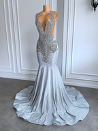 Women Silver Long Mermaid Prom Dresses Sexy Sheer Mesh Luxury Sparkly Handmade Diamond Black Girl Prom Formal Gala Gowns