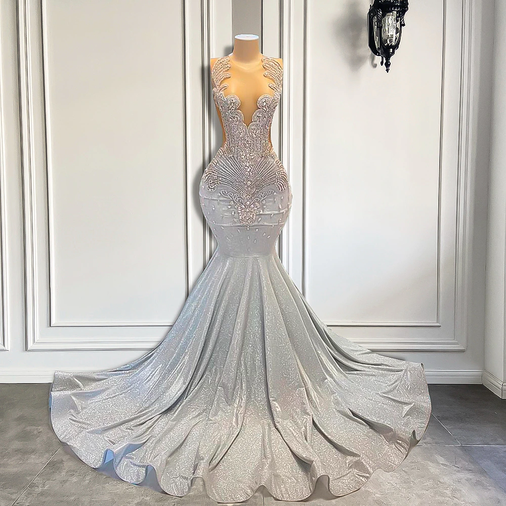 Women Silver Long Mermaid Prom Dresses Sexy Sheer Mesh Luxury Sparkly Handmade Diamond Black Girl Prom Formal Gala Gowns Main image